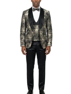 Black/Gold Jacquard Wide Shawl Lapel 3 Piece Skinny Fit Fashion Men's Suit